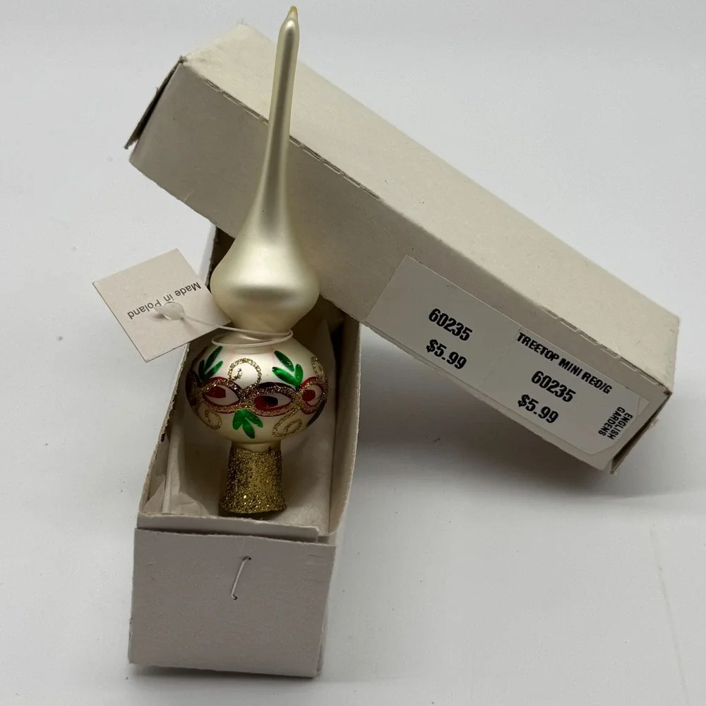 Vintage Mini Glass Christmas Tree Topper Boxed Hand Painted Made in Poland 5